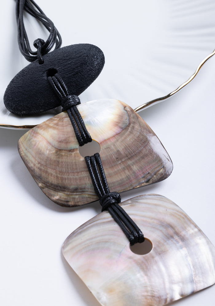 Black Cord with Black Wood & Natural Shell Pendant Necklace jewelry