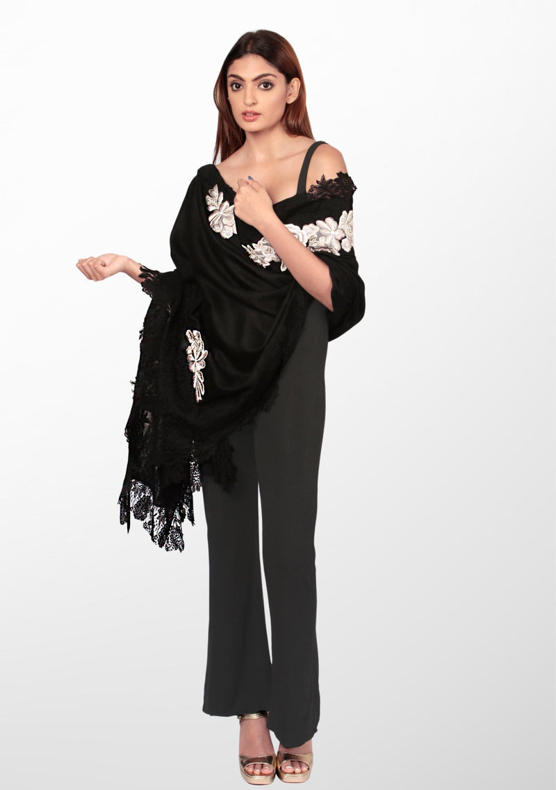 Black Wool and Silk Scarf with a Black 
Floral Lace Border and Beige-Colored Embroidery.