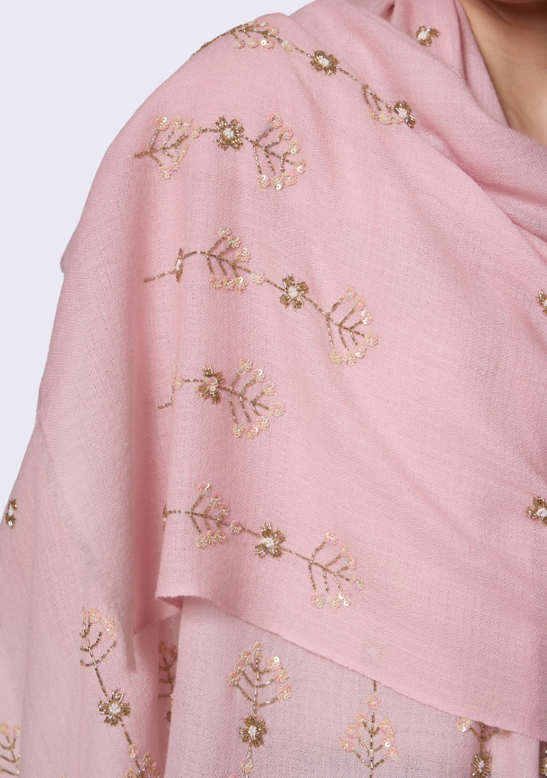 Pink Cashmere Scarf Metallic Bead & Sequin Embroidery