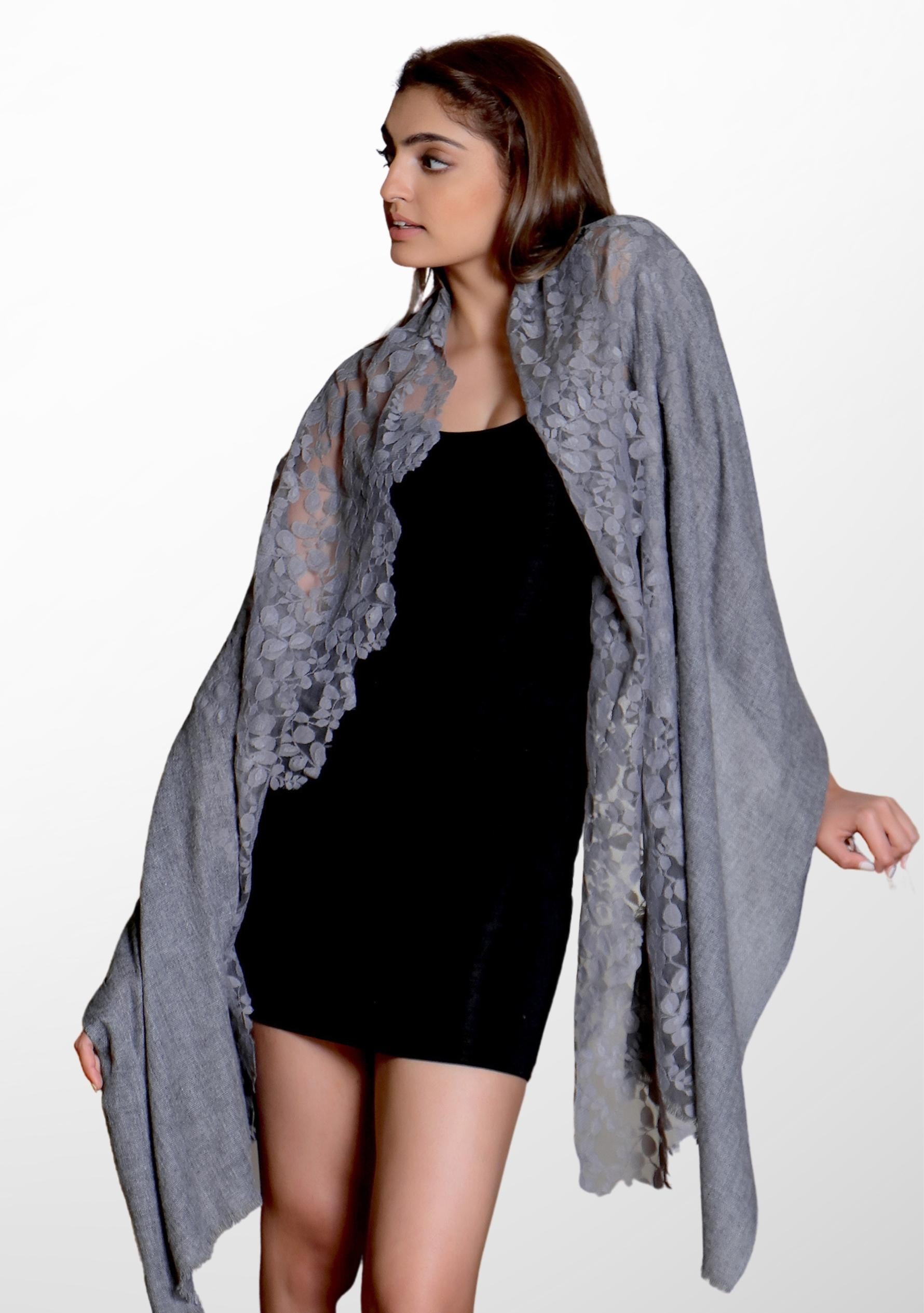 Dk. Grey Melange Wool Scarf with a Dk. Grey Bold Leaf Lace