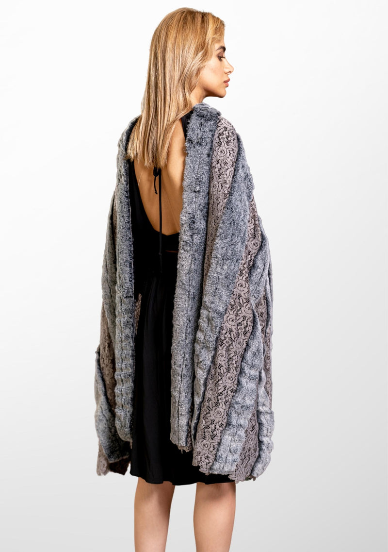 Grey Floral Lace Scarf With Two-Tone Grey Faux Fur Panels