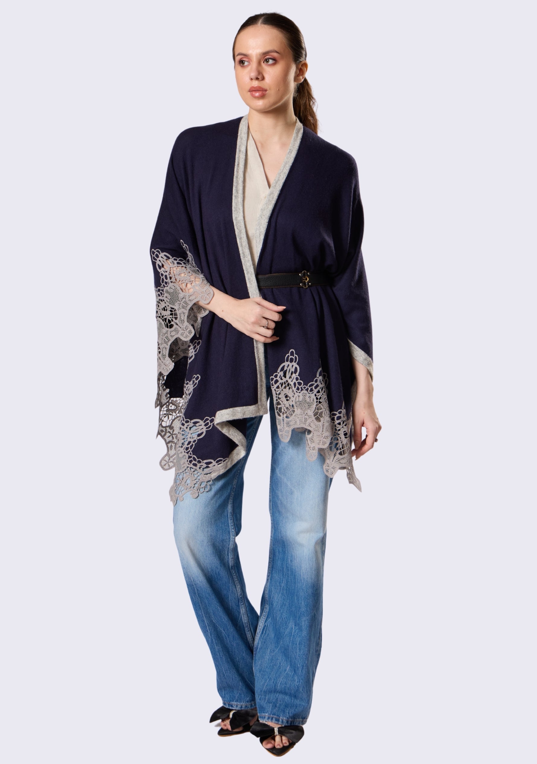 Navy Blue Wool Cape  Lt. Gray Lace