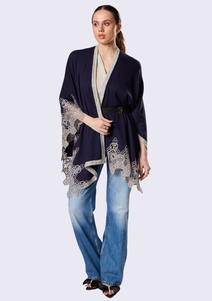 Navy Blue Wool Cape  Lt. Gray Lace