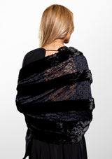 Black Floral Lace Scarf With Black Faux Fur Panels