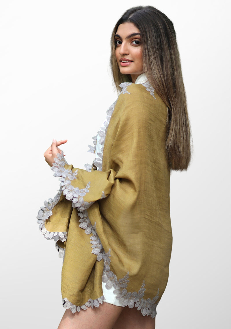Mustard Linen and Modal Scarf with a Mousse Scalloped Lace Border