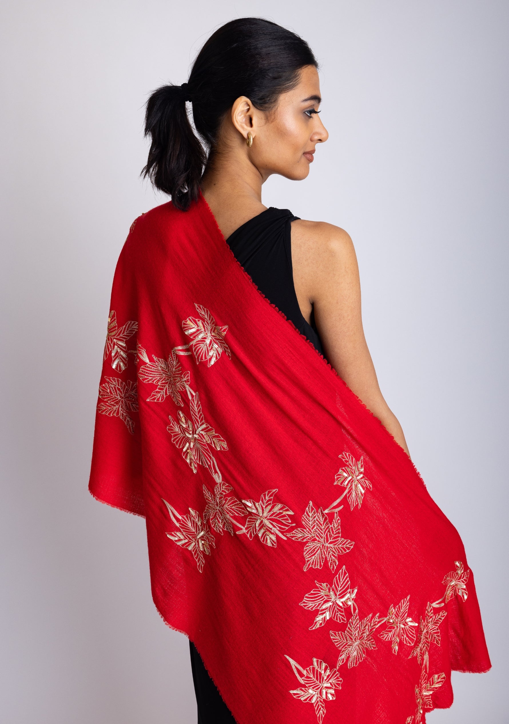 Bright Red Cashmere Scarf with a Dull Gold Sequin and Metalic Leaf Embroidery