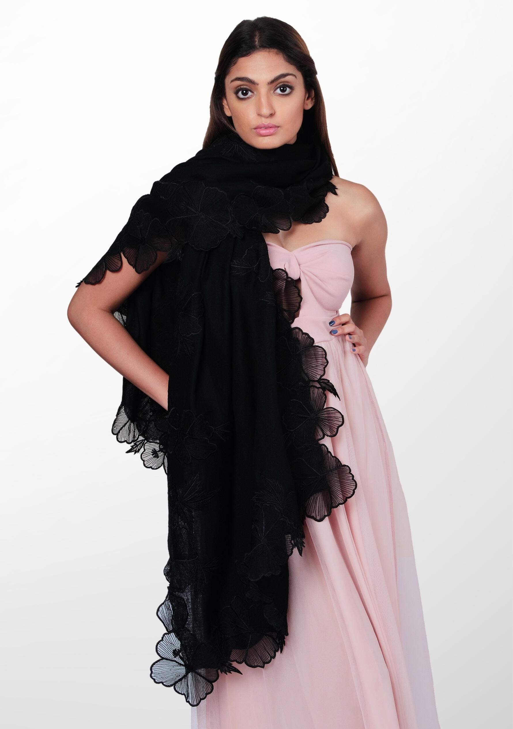 Black Cashmere Scarf with Black Hibiscus Floral Embroidery Border