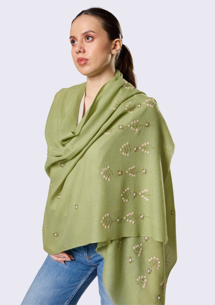 Fern Green Cashmere Scarf  Metallic Bead & Sequin Embroidery