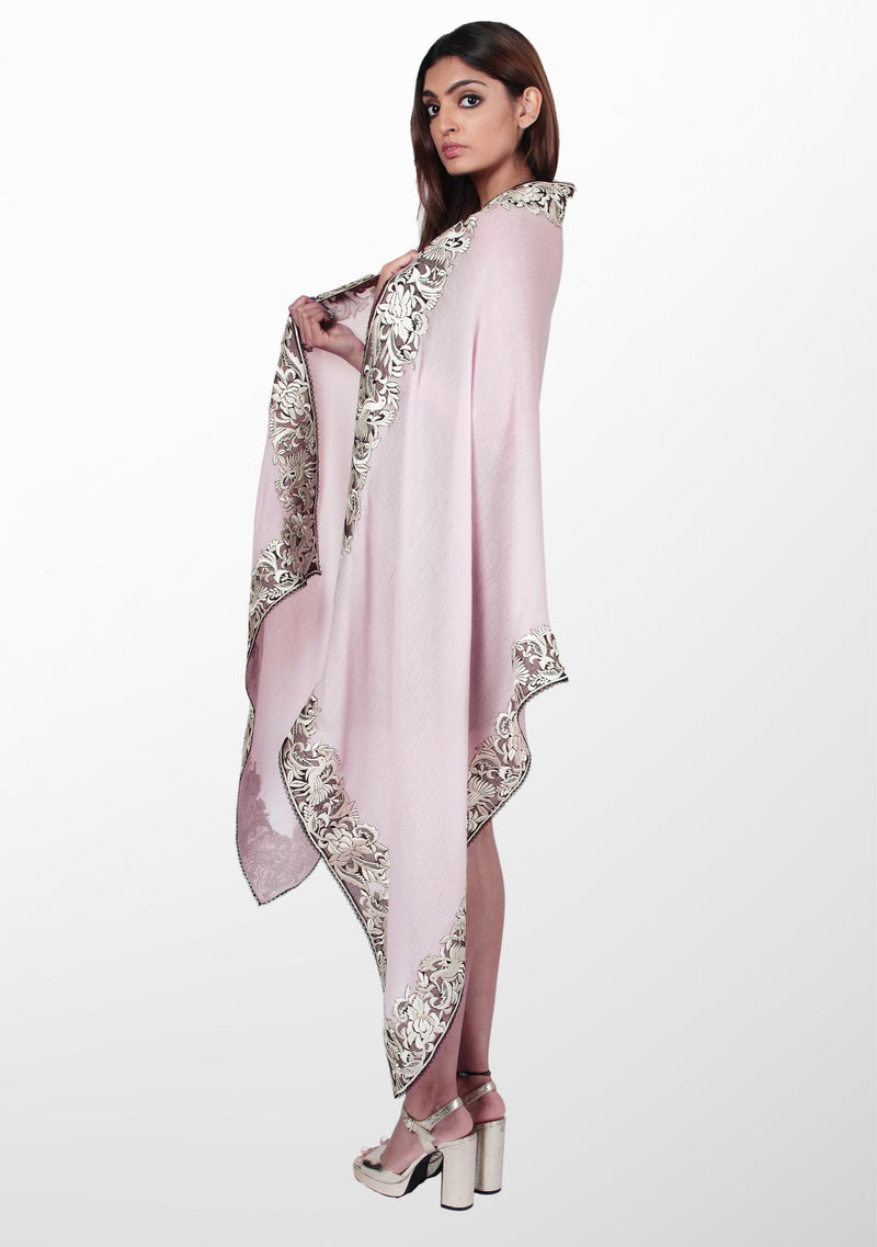 Baby Pink Cashmere Scarf with a Beige Border Embroidery and Black Lace Edging