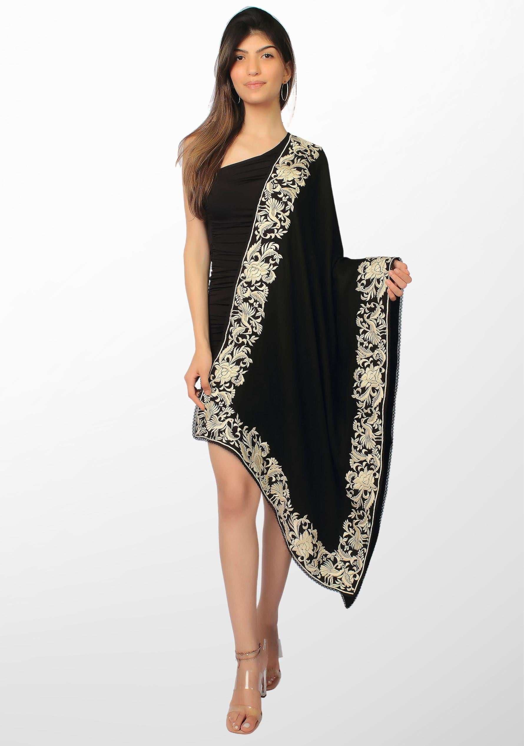 Black Cashmere Scarf with a Beige Border Embroidery and Black Lace Edging