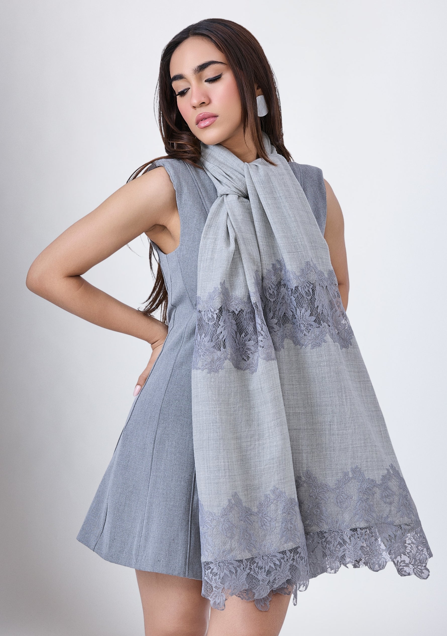 Lt. Grey Melange Wool and Silk Scarf with Dk. Grey Floral Lace Panels