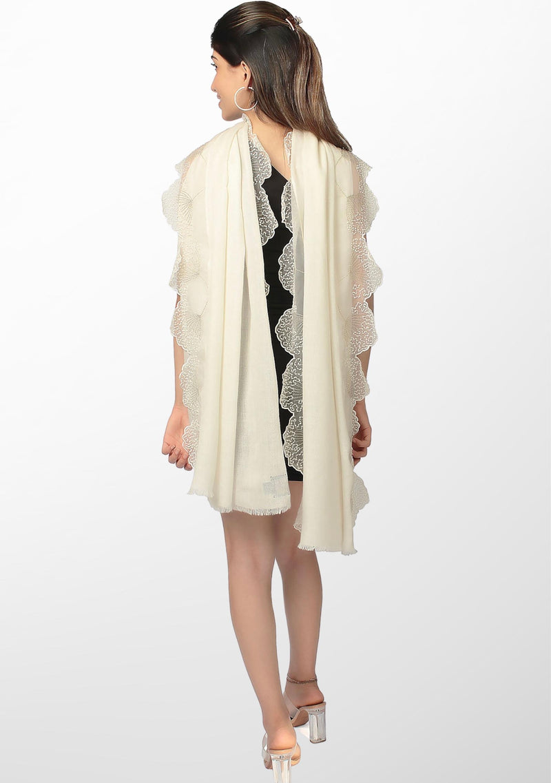 Ivory Cashmere Scarf with Ivory Pearl Embroidered Borders