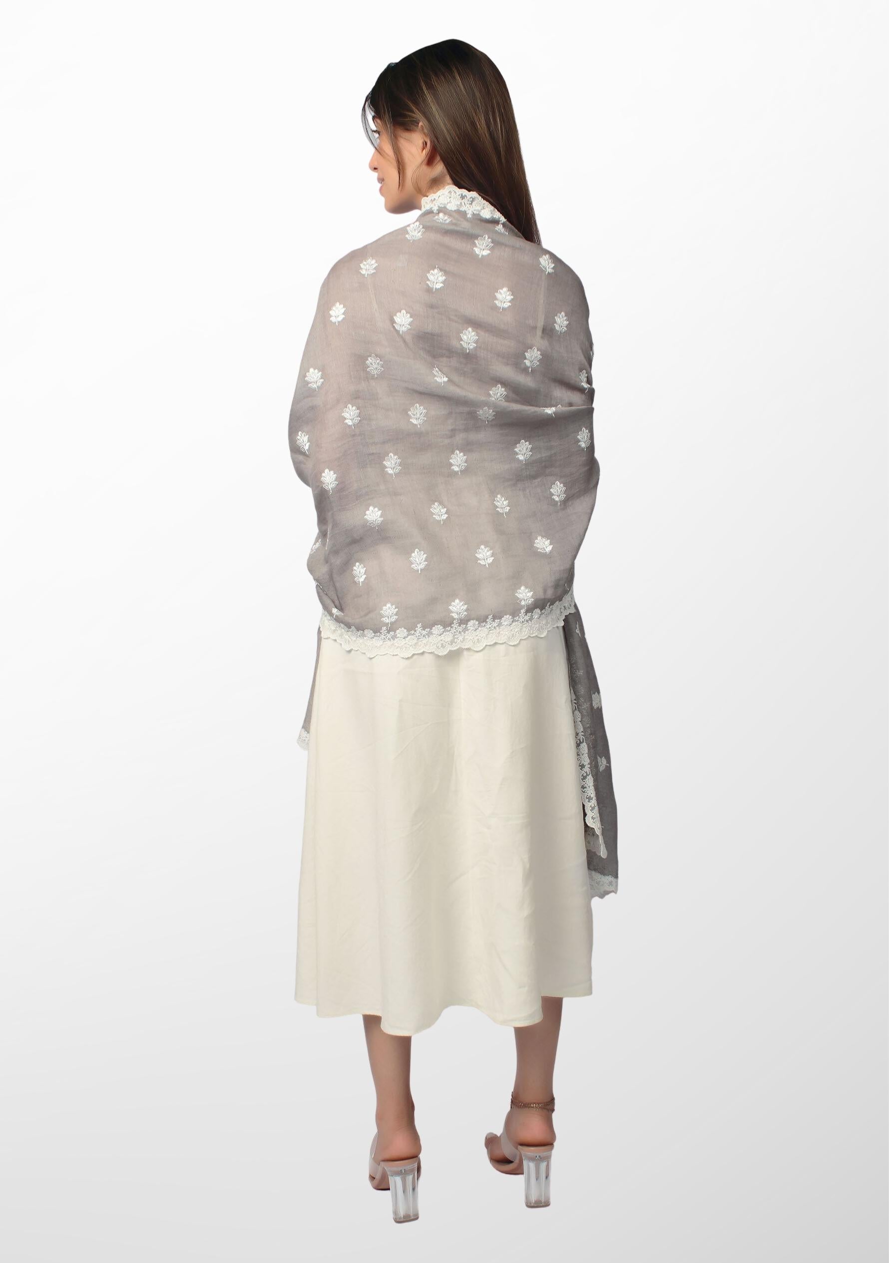 Mousse Linen and Modal Scarf with White Floral Embroidery and White Floral Lace Border