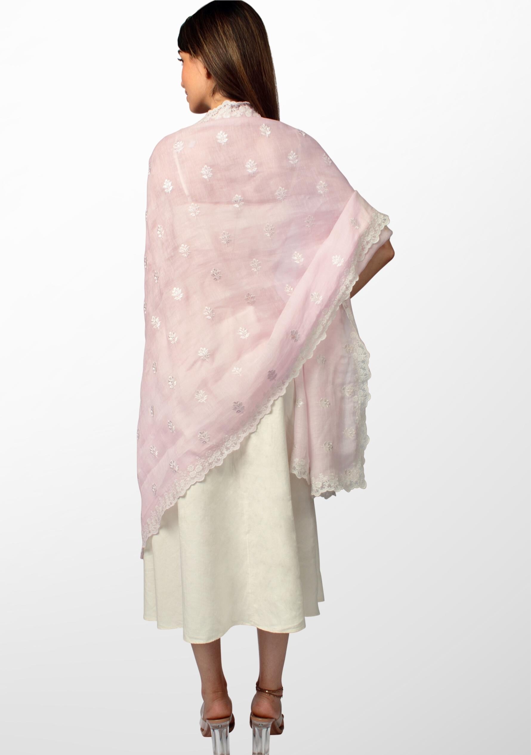 Lt. Pink Linen and Modal Scarf with White Floral Embroidery and White Floral Lace Border