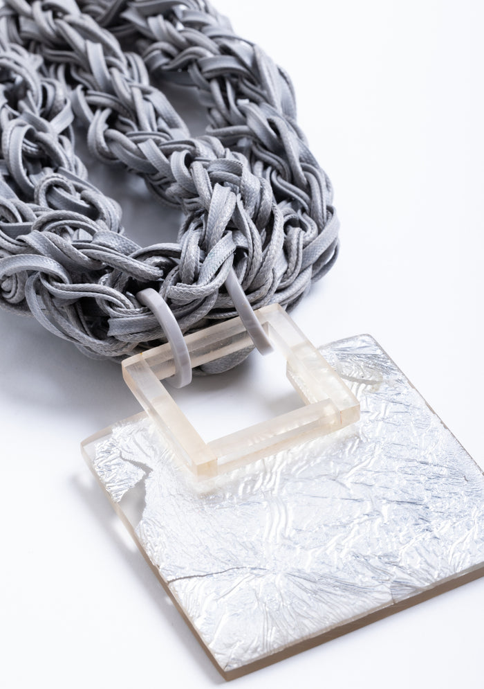 Braided Gray Cord with a Square Silver Resin Pendant Necklace jewelry