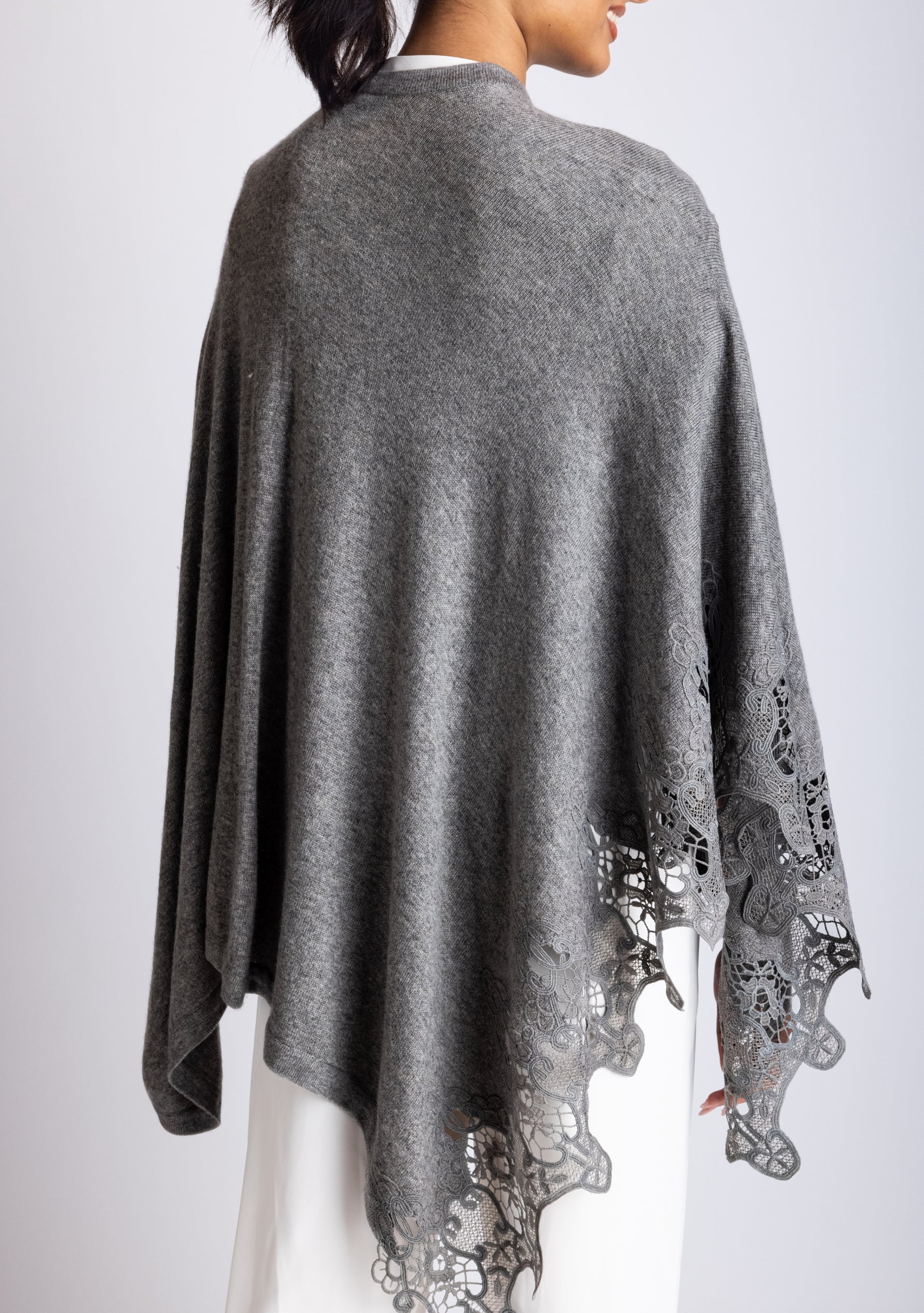 Grey Melange Knitted Fine Wool Cape with Grey Lace Application