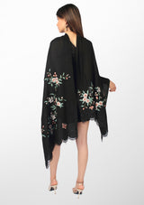 Black Cashmere Scarf with Multi-colored Embroidery and Black Filigree Lace Pallas