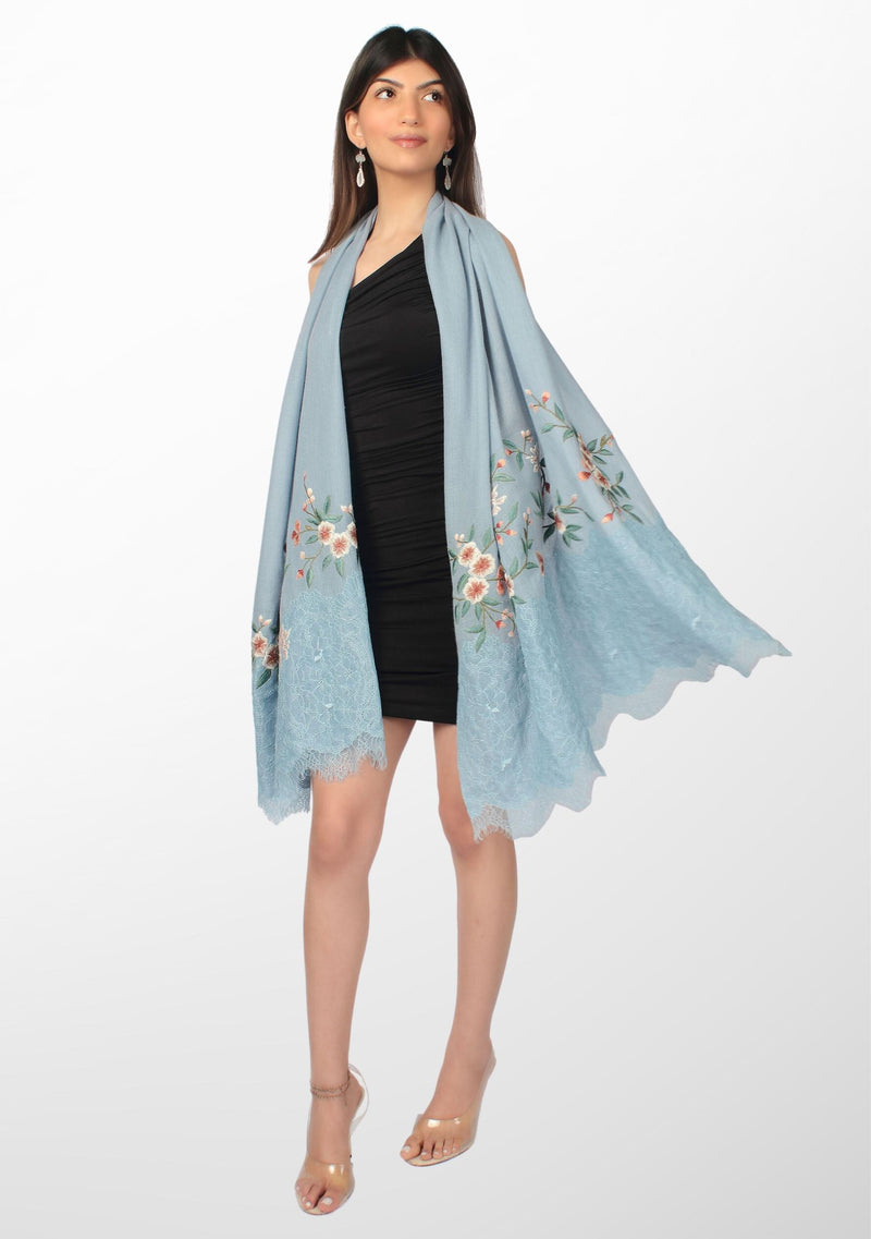 Steel Blue Cashmere Scarf with Multi-colored Embroidery and Steel Blue Filigree Lace Pallas