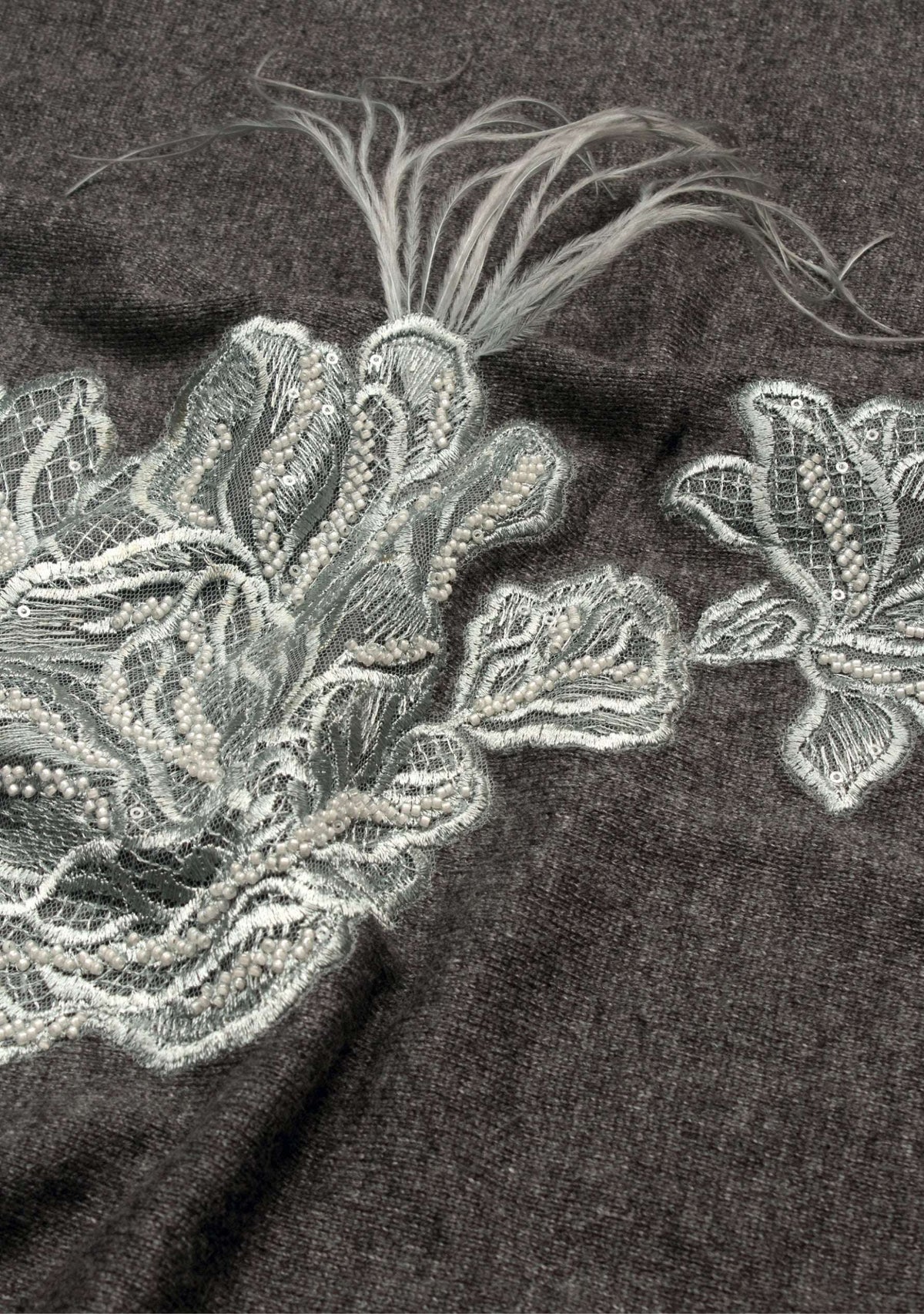 Charcoal Melange Wool Poncho Lt. Gray Embroidery & Feather Applique