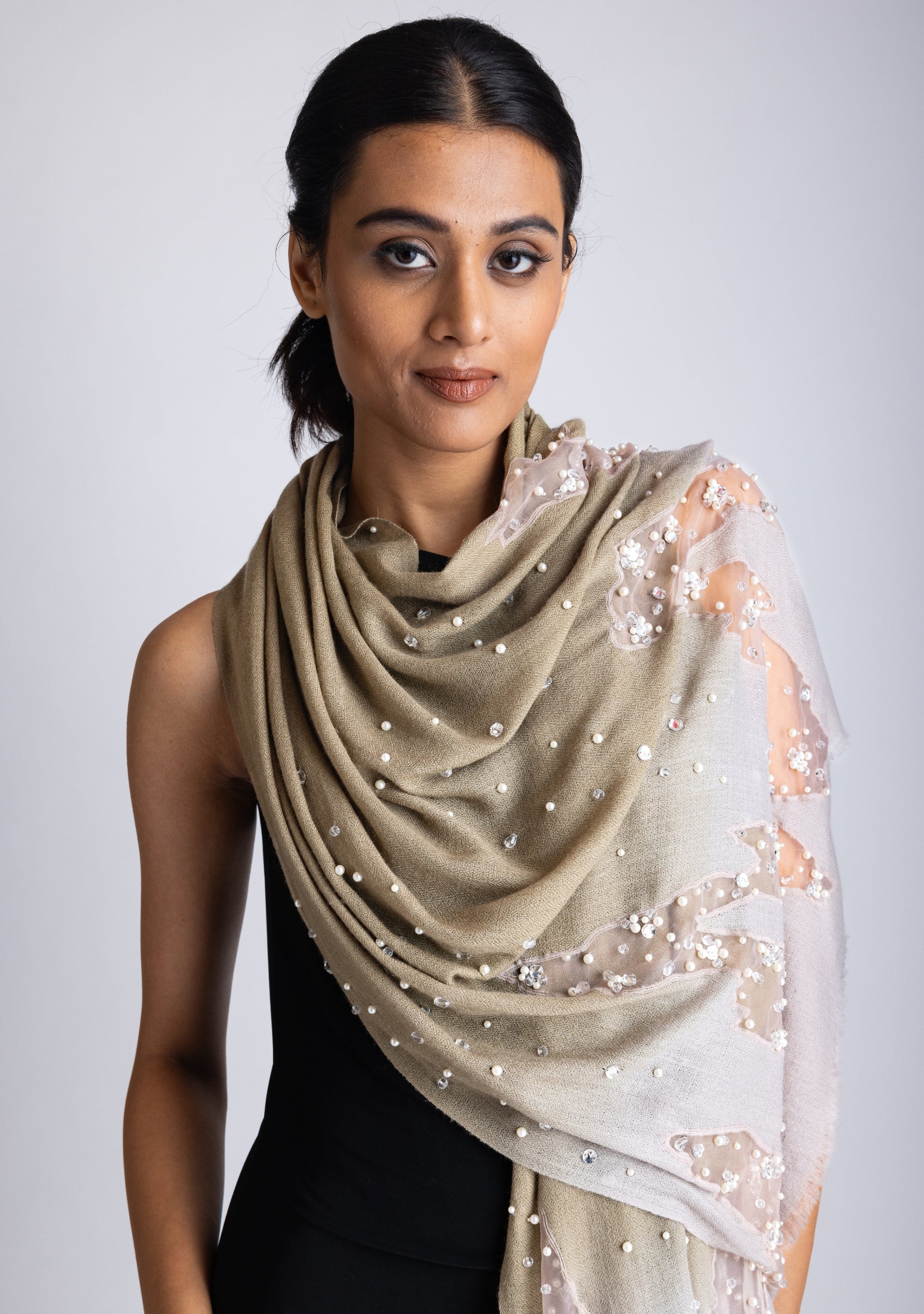 Mousse-Khaki Ombre Cashmere Scarf with Silver Rhinestones and White Pearls