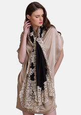 Black Wool & Silk Scarf with Beige Corded Lace Applique Border