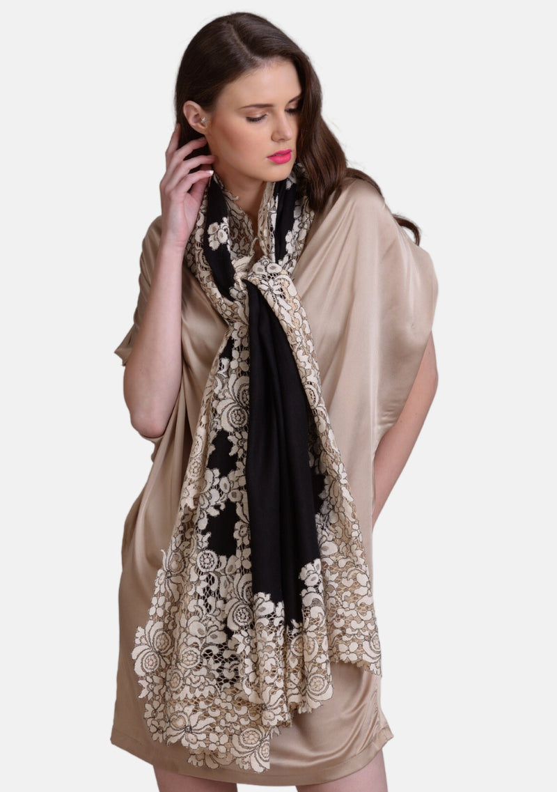 Black Wool & Silk Scarf with Beige Corded Lace Applique Border ...