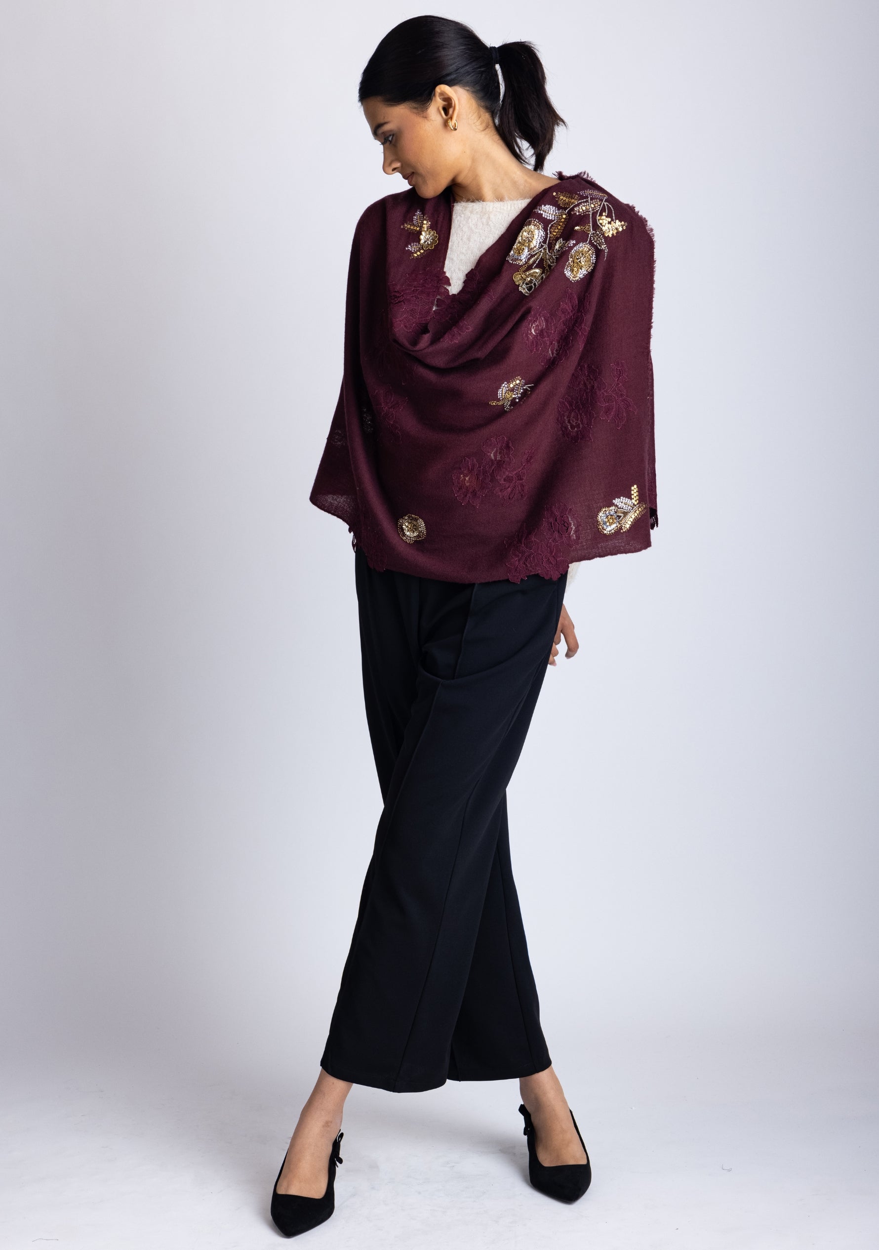 Plum Cashmere Scarf with Metalic Hand-Embroidery and Plum Floral Lace Appliques