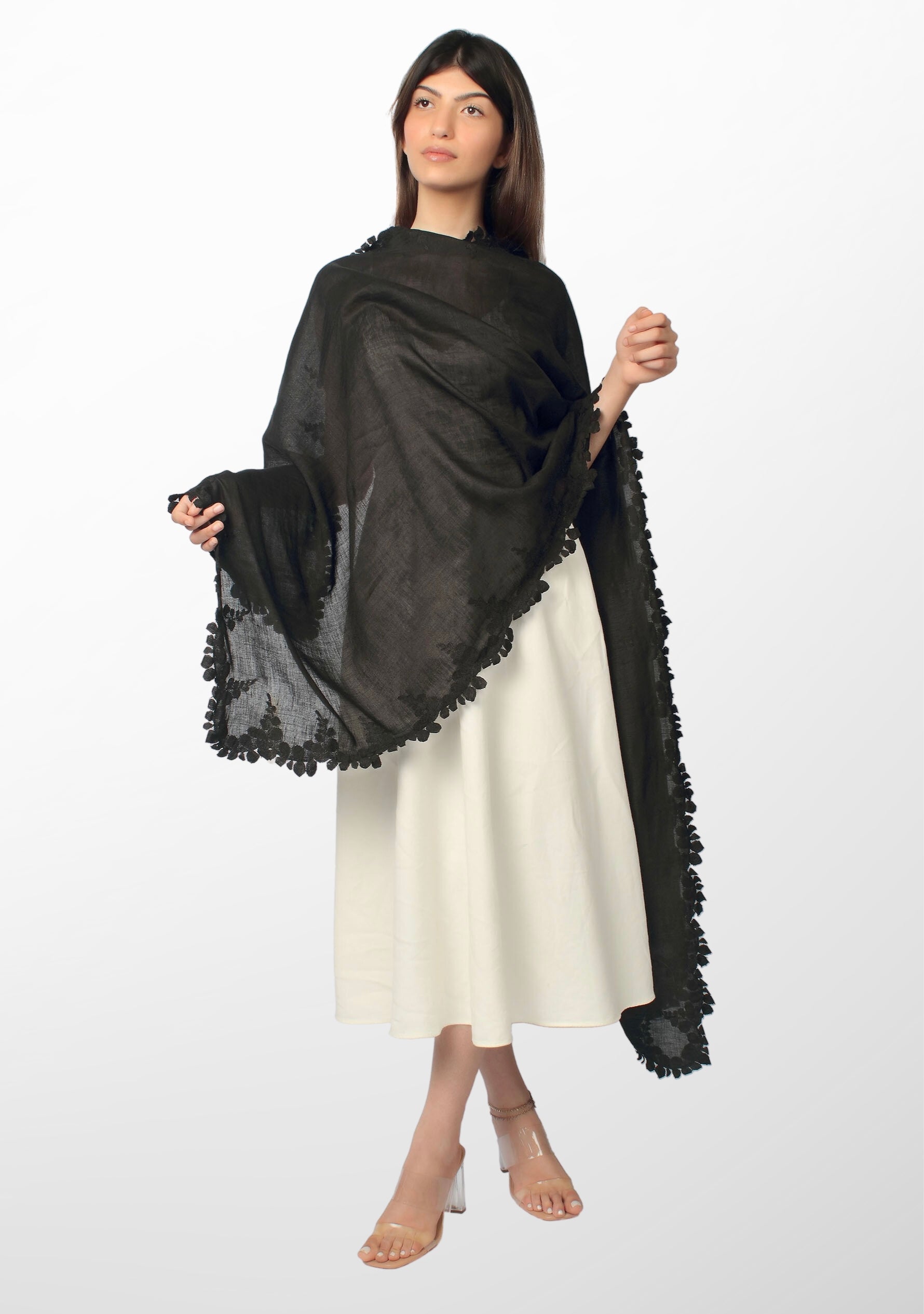 Black Linen and Modal Scarf with a Black Scalloped Lace Border