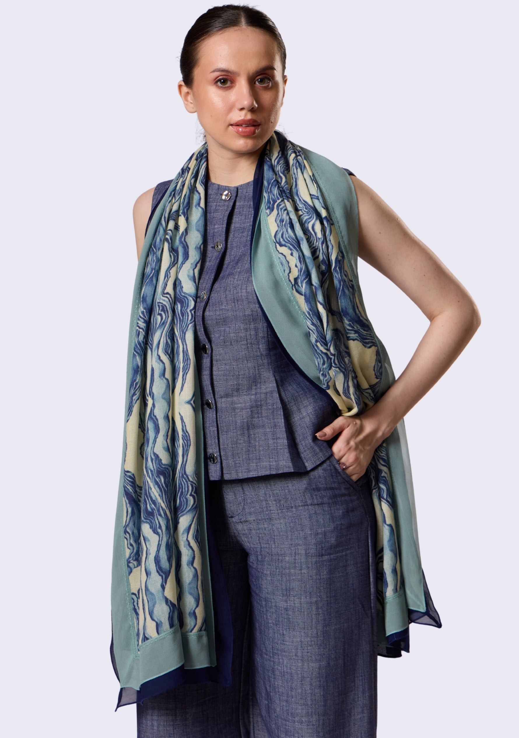 Blue Abstract Print Wool & Silk Scarf Navy Blue & Sea Green Double Georgette Border