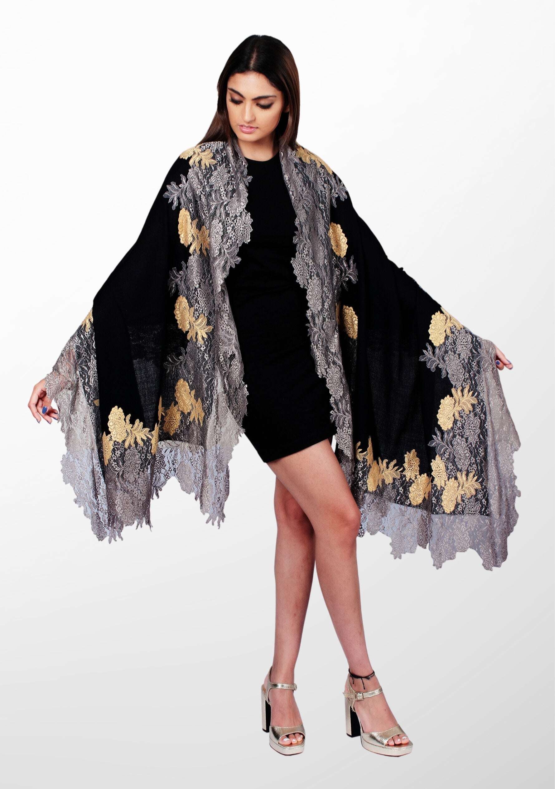 Black Wool and Silk Scarf with Antique Silver and Dk. Gold Double-Color Floral Lace Border