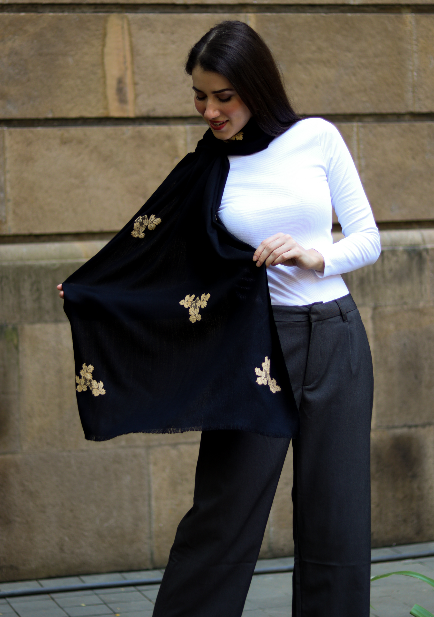 Black Wool Scarf with Gold Leaf Lace Appliques