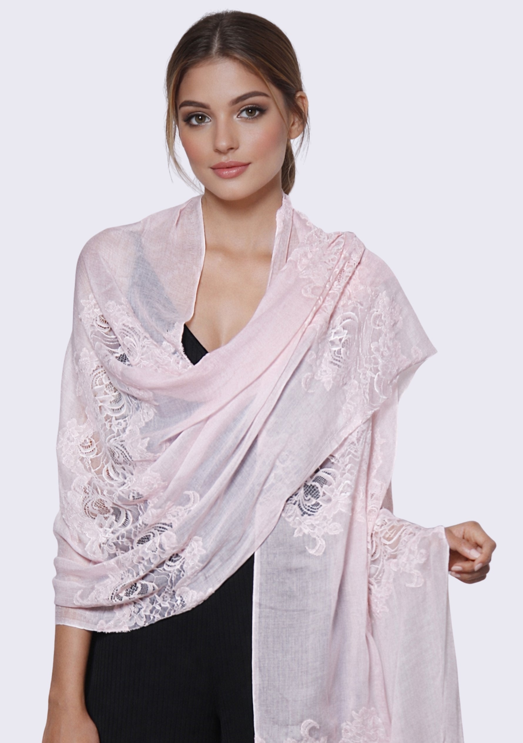 Soft Pink Modal & Silk Scarf  Soft Pink Lace Panels