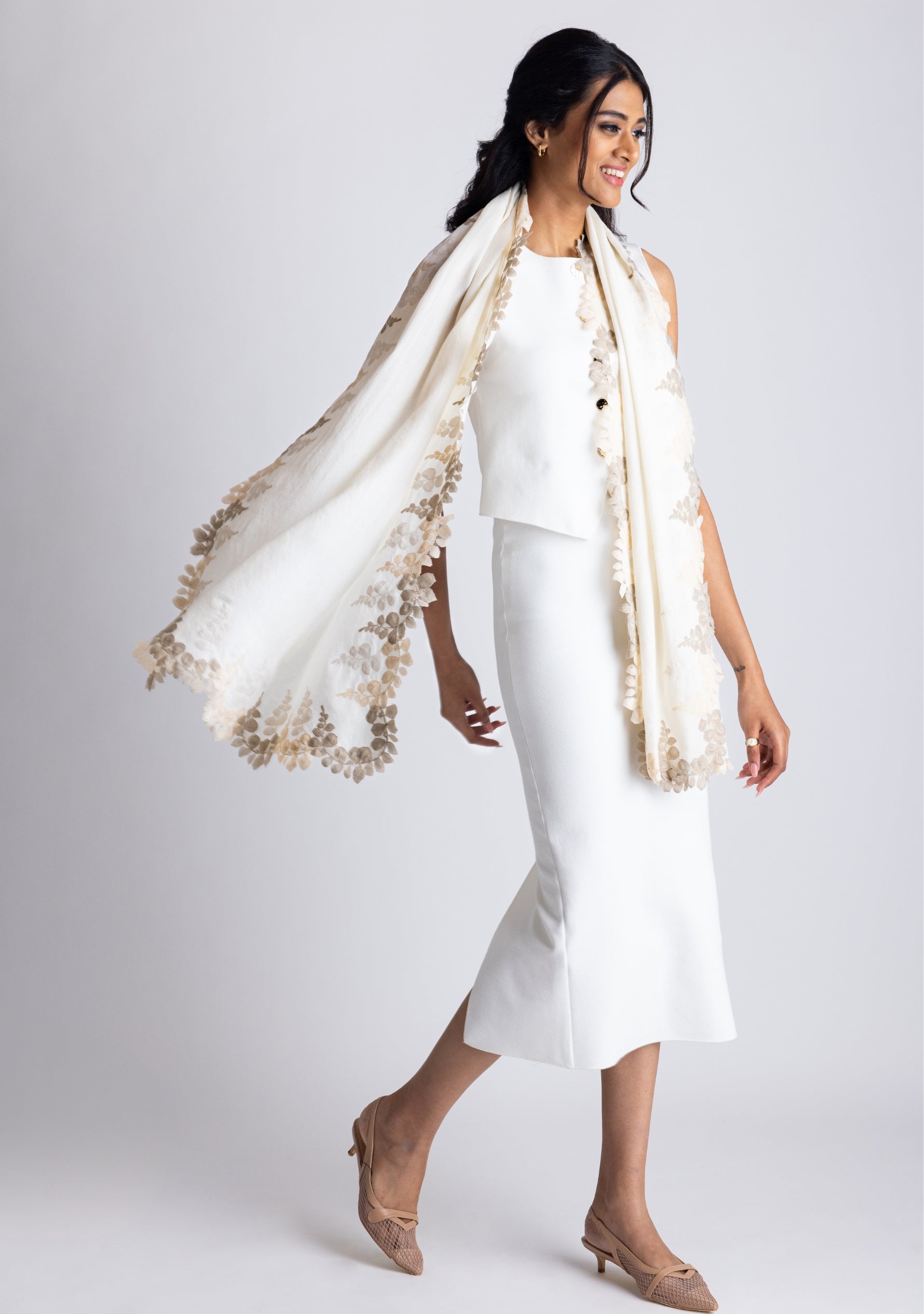 Ivory Wool and Silk Scarf with Beige, Natural and Alabaster Triple Scalloped Lace Border