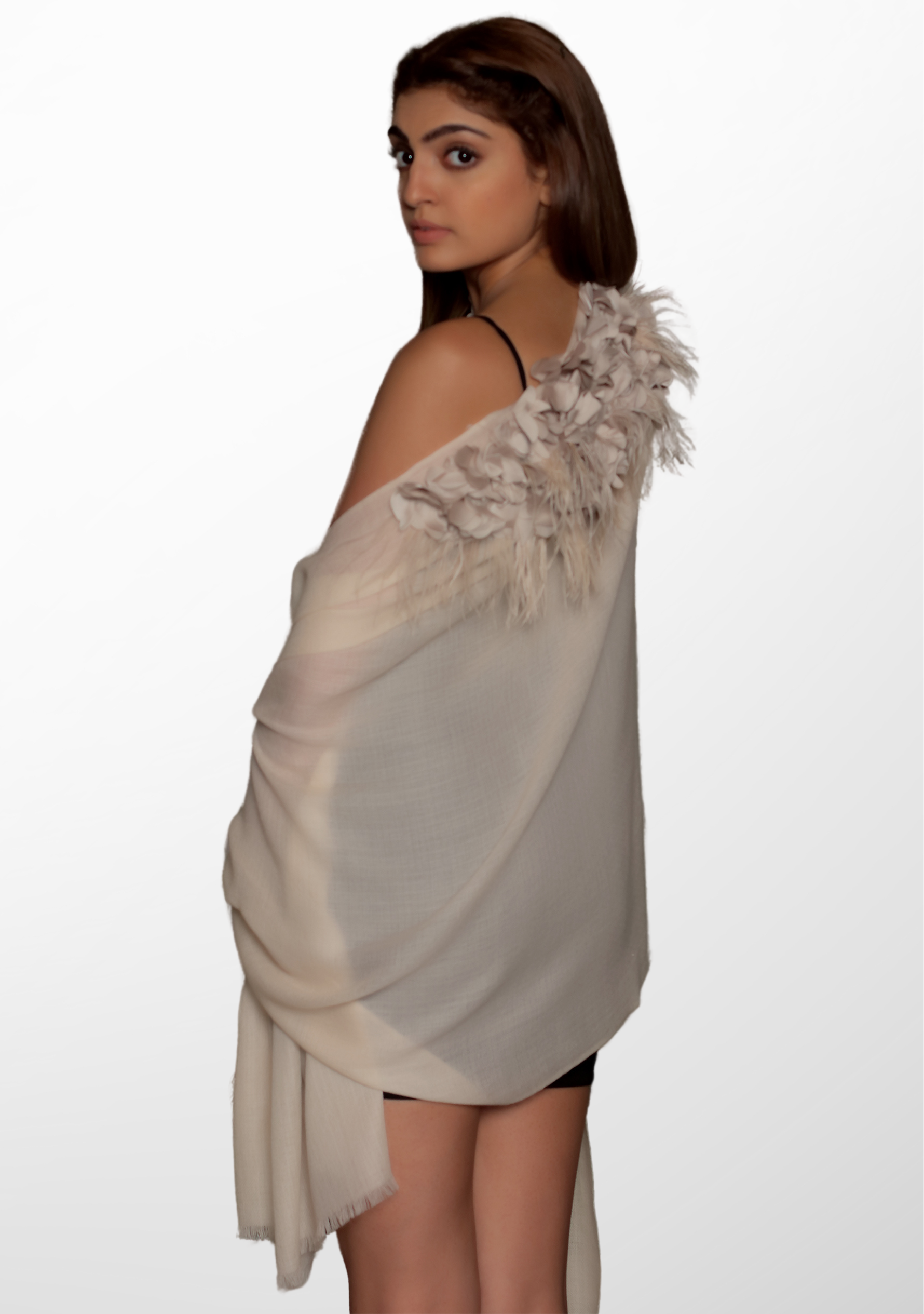 Beige Cashmere Scarf with a Beige Feather and Beige Satin Leaf Collar and Appliques