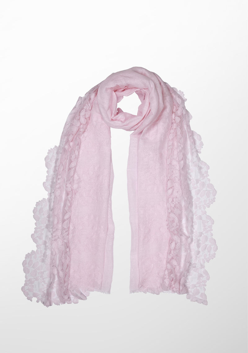 Soft Pink Linen and Modal Scarf with a Soft Pink Bold Leaf Lace