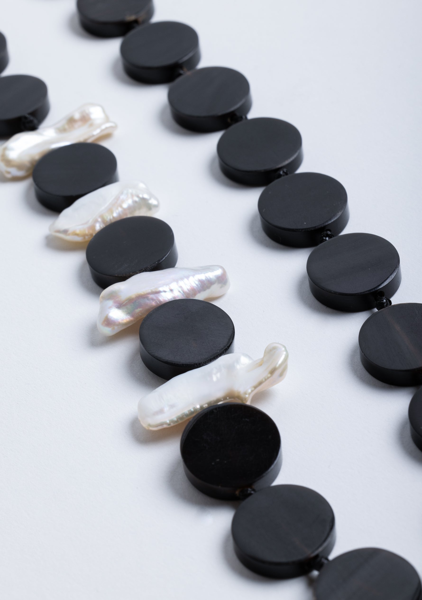 Black Buffalo Horn Disk, White Shell Disk and White Baroque Pearl Necklace