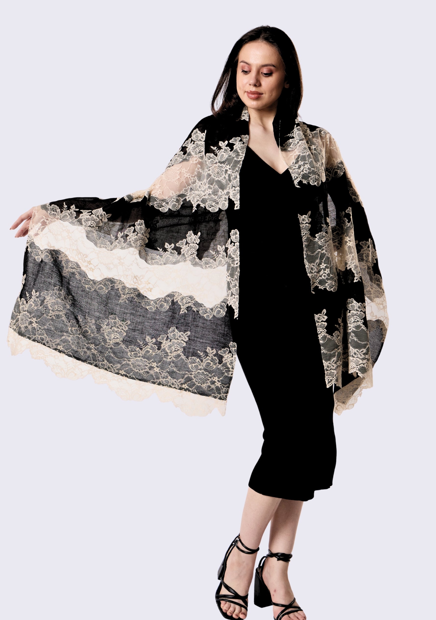 Black Linen & Modal Scarf  Beige Lace Panels