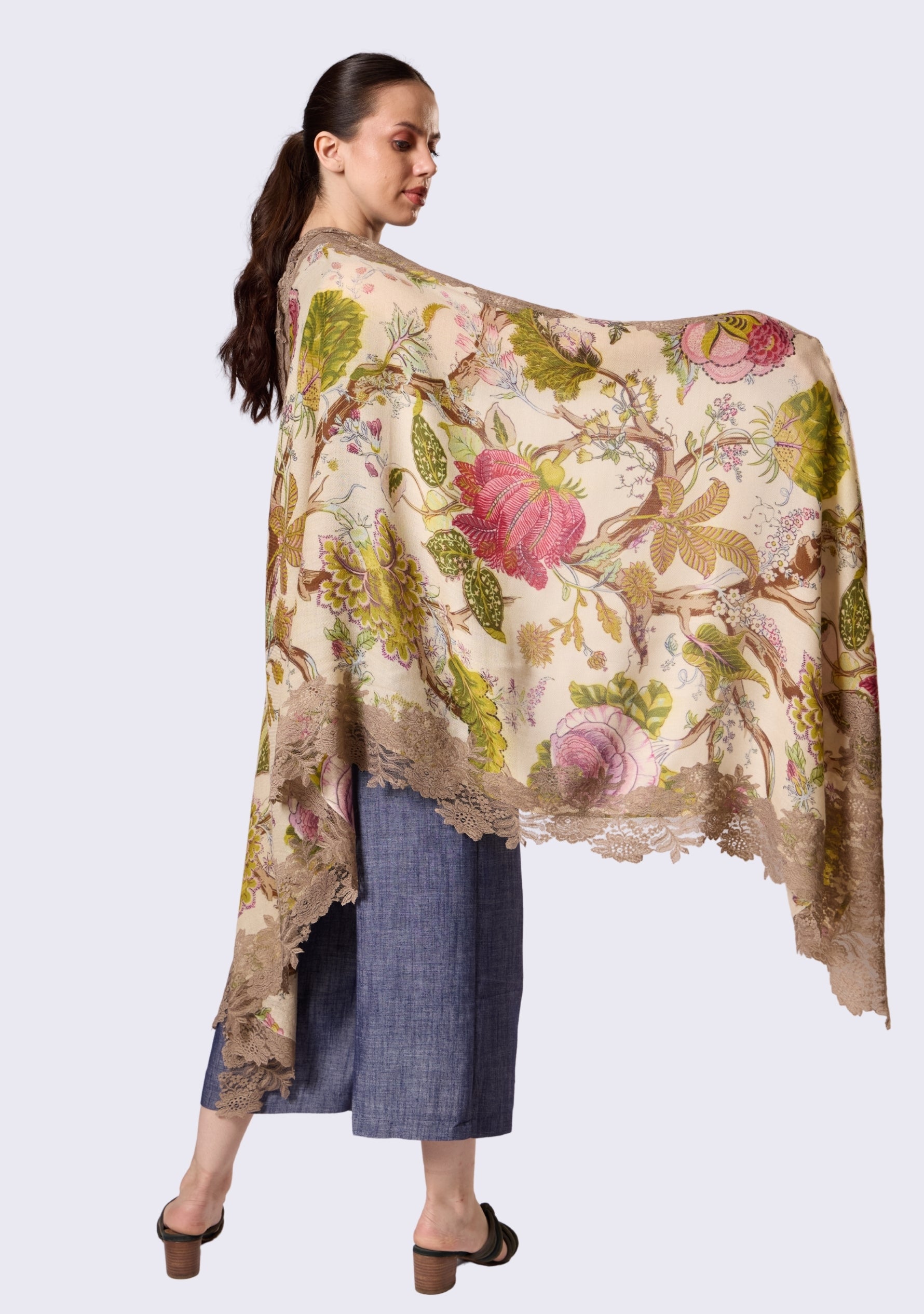 Multi-colored Botanical Print Wool & Silk Scarf Natural Lace