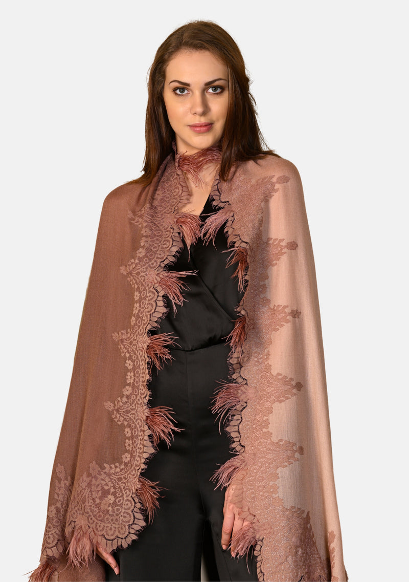 Copper Ombre Cashmere Scarf with a Dk. Copper Chantilly Lace Border & Copper Ostrich Feathers