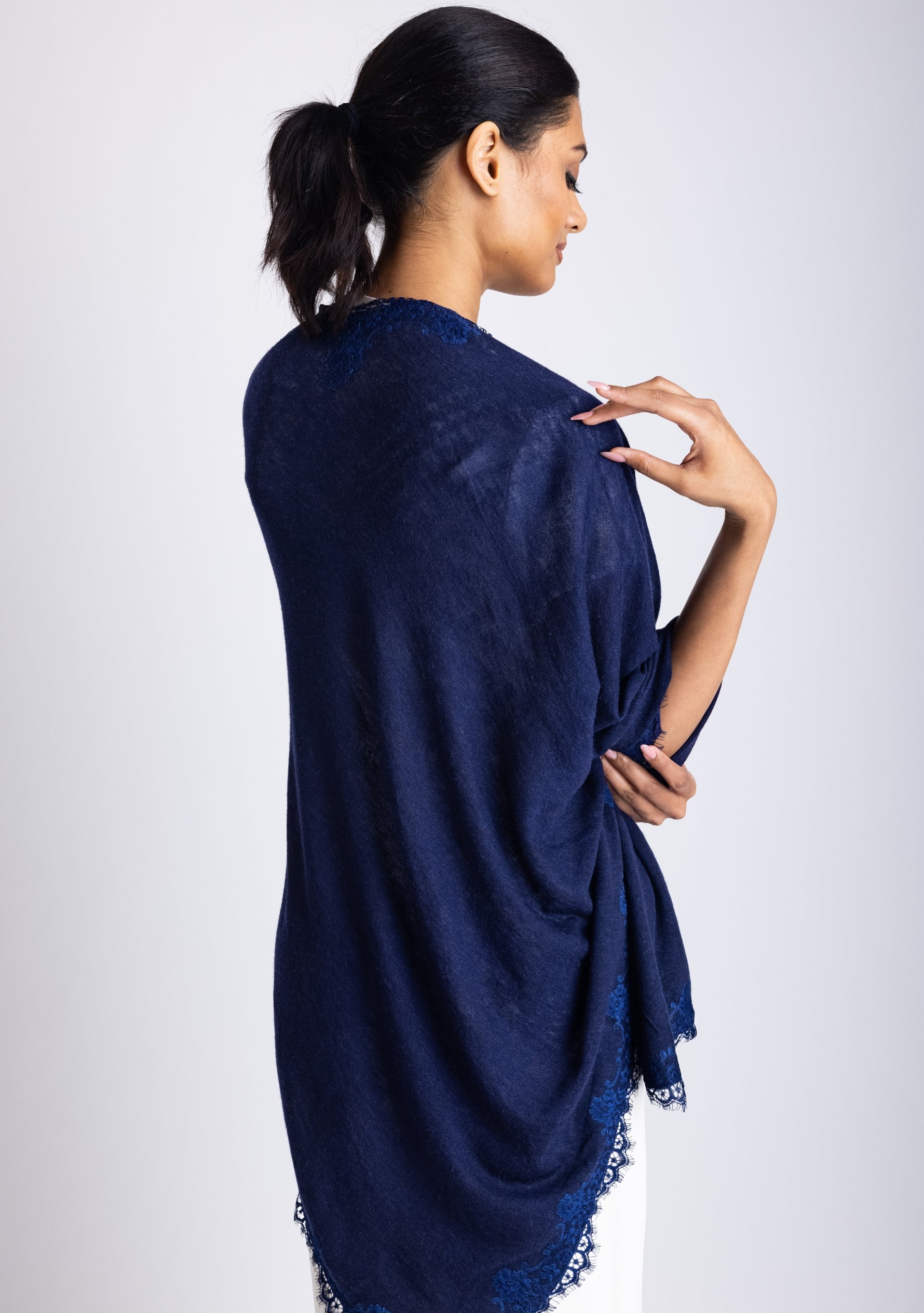 Navy Blue Knitted Merino Wool Cape with a Scalloped Navy Blue Filigree Lace Border