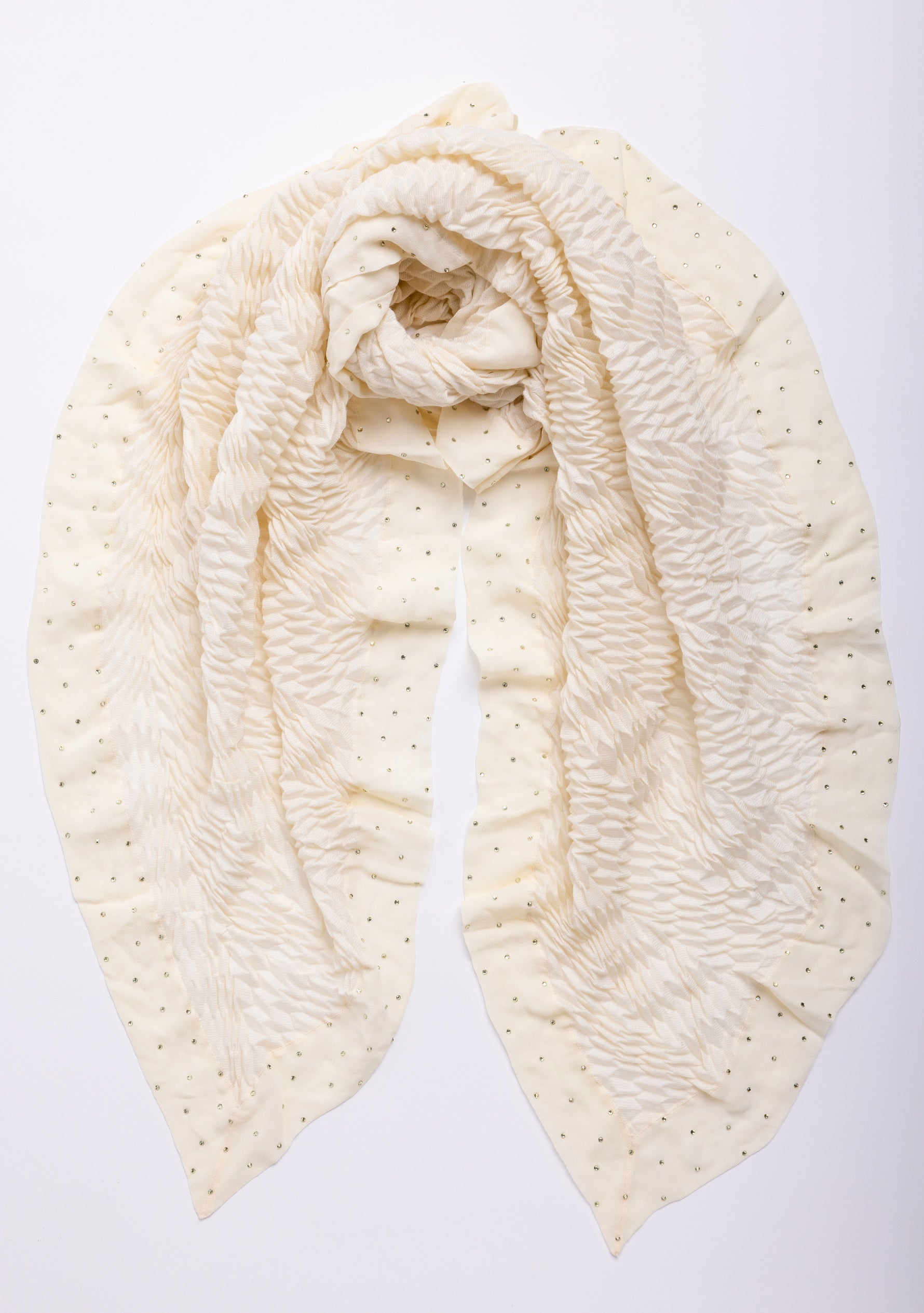 Ivory Pleated Wool and Silk Scarf with an Ivory Georgette and Crystal Border