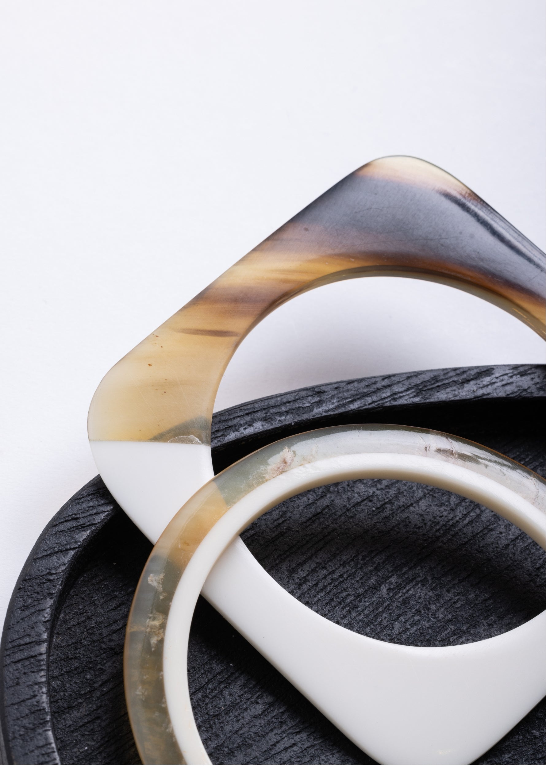 One Round and One Square Natural Buffalo Horn and White Resin Bangles (Set of 2)