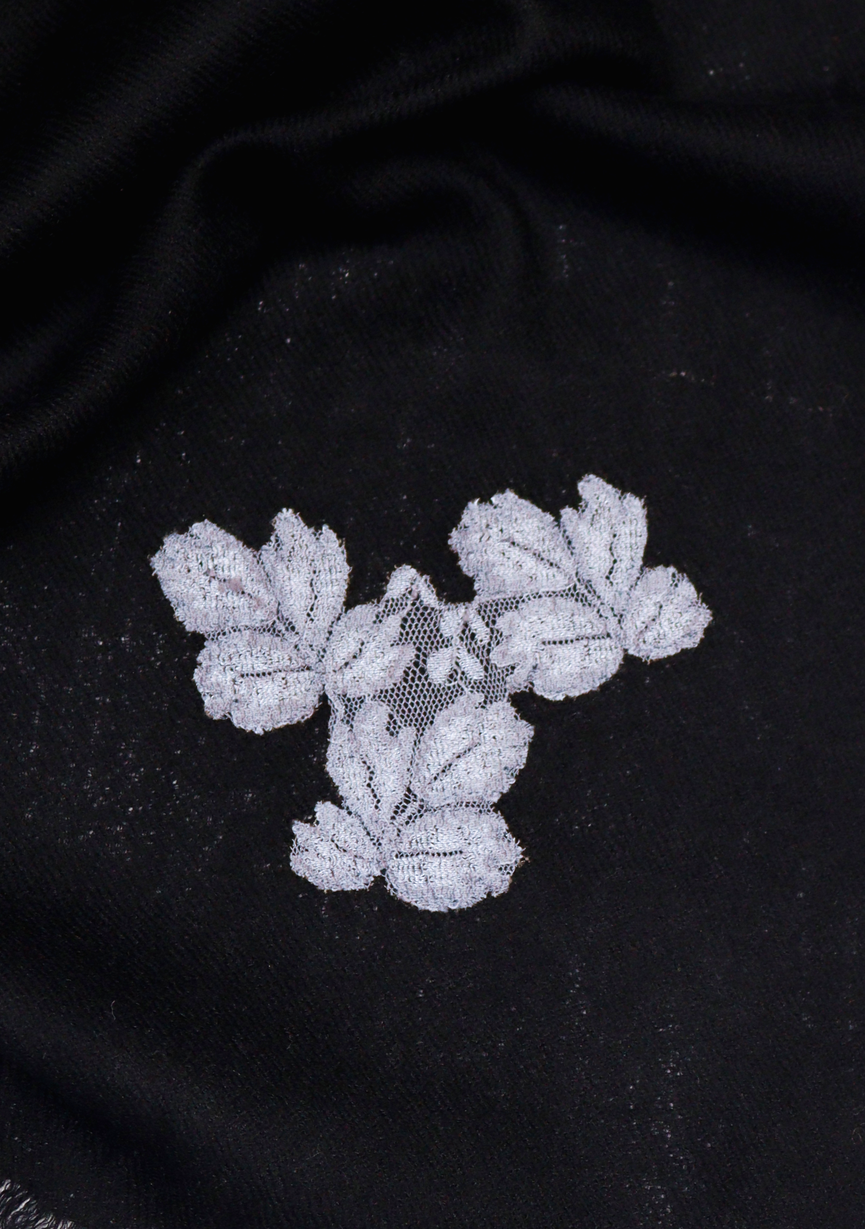 Black Wool Scarf with Antique Silver Leaf Lace Appliques