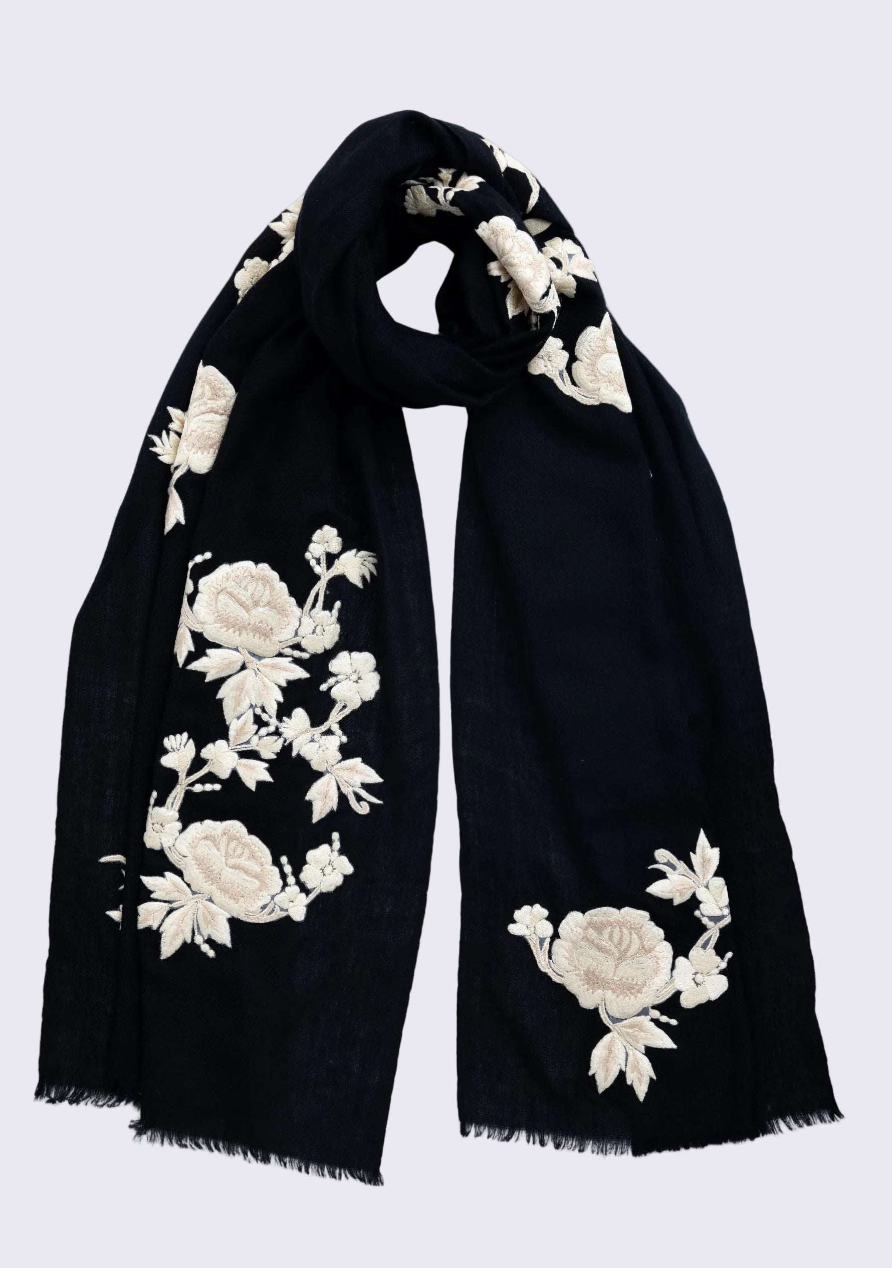 Black Cashmere Scarf
Ivory & Beige Embroidery
