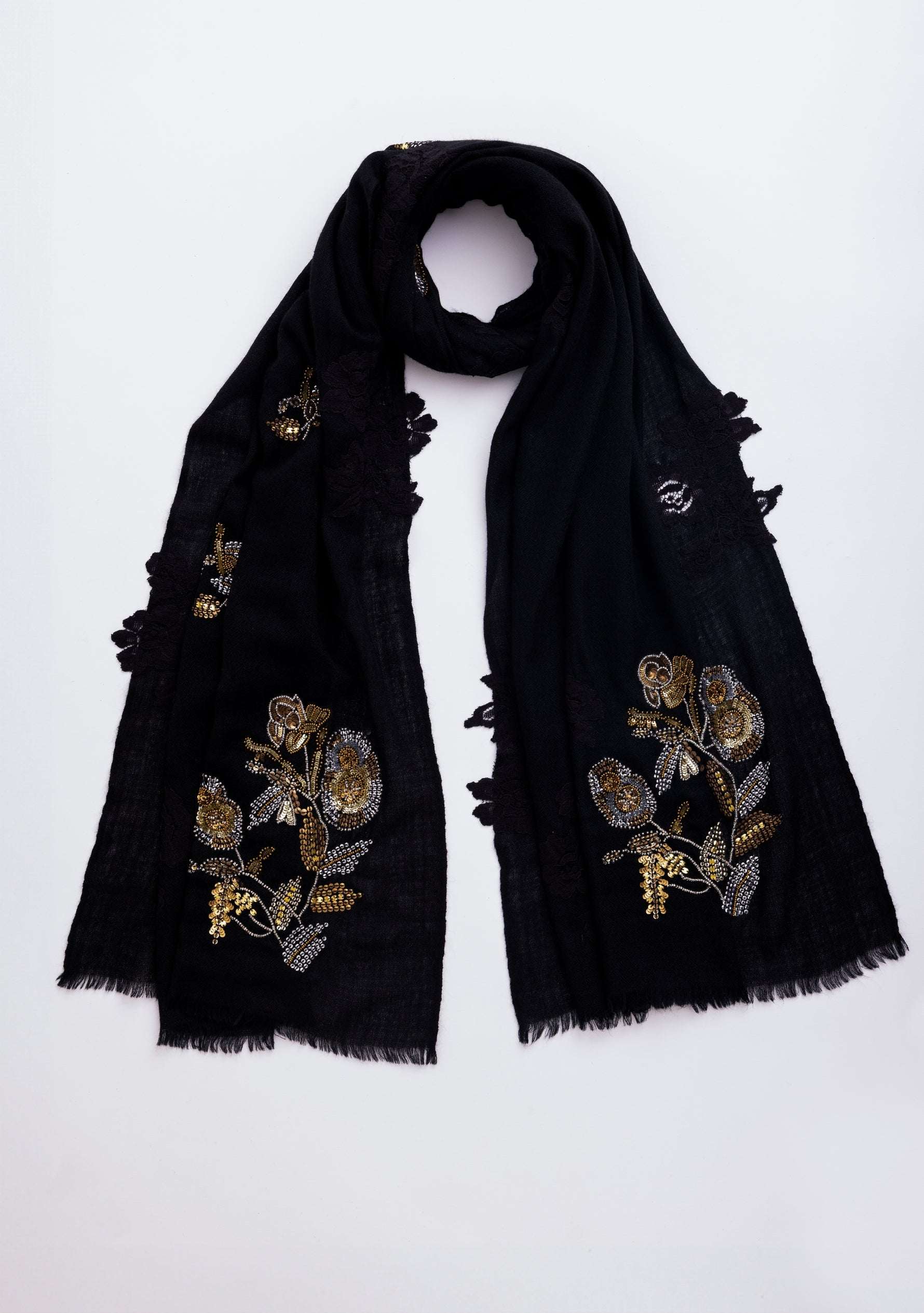Black Cashmere Scarf
Metallic Hand-Embroidery & Black Lace