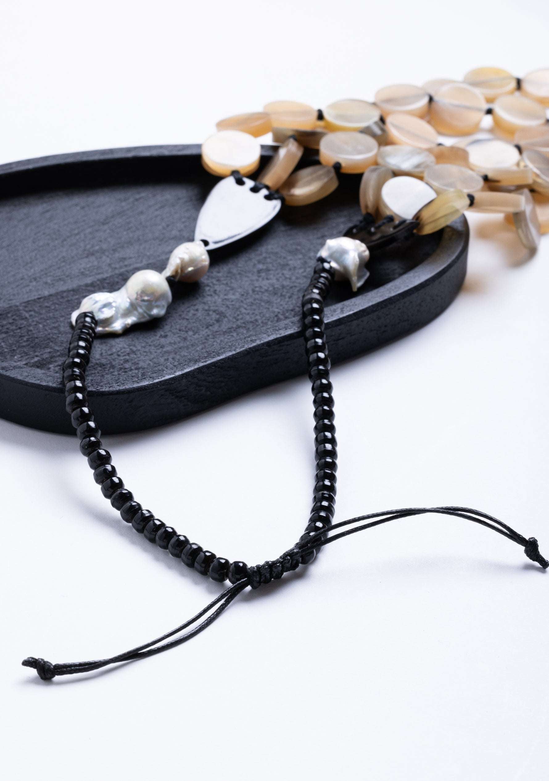 3-Layer Natural Buffalo Horn Disk Necklace with Black Buffalo Horn Beads & White Baroque Pearls jewelry