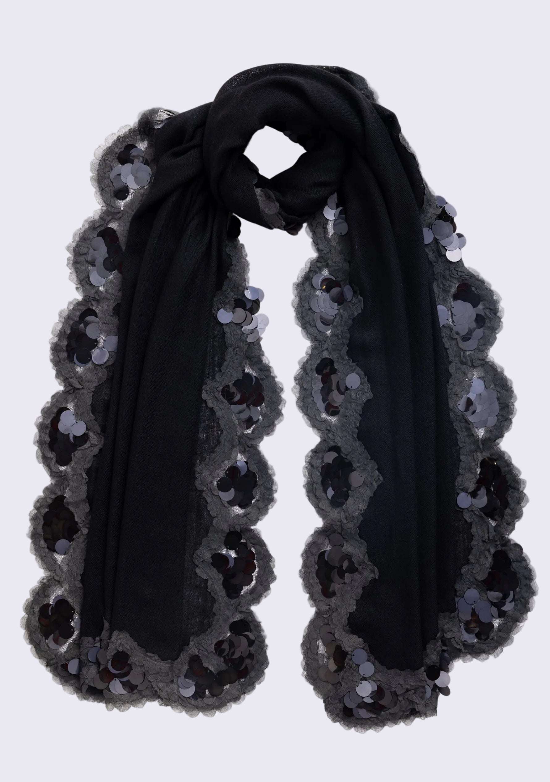 Black Cashmere Scarf
Black Sequin & Frill