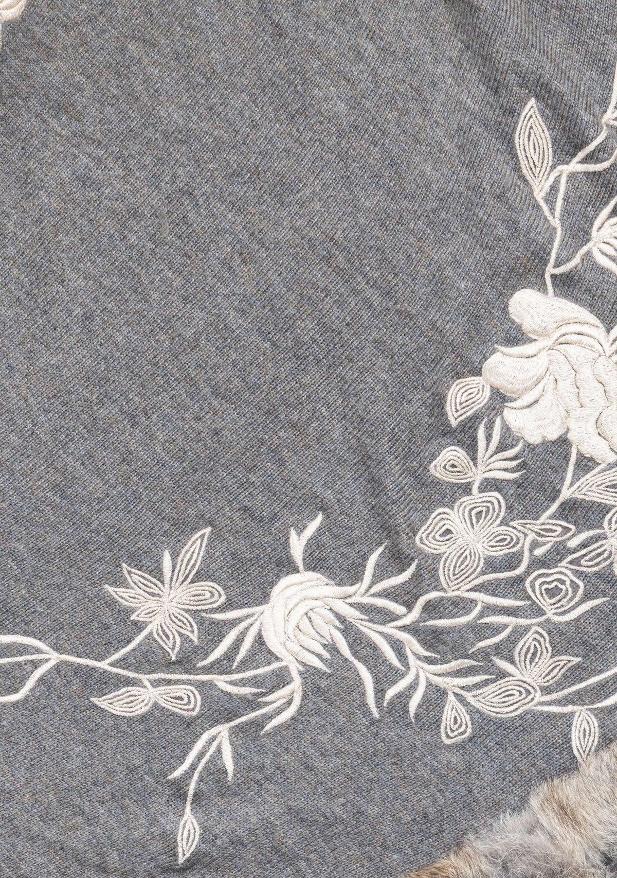 Khaki Melange Wool Cape Beige Embroidery & Natural Fur
