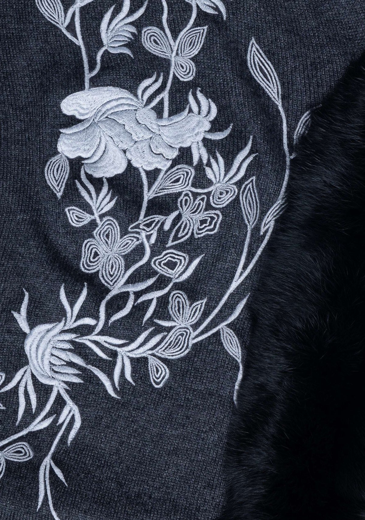 Charcoal Melange Wool Cape Lt. Gray Embroidery & Black Fur
