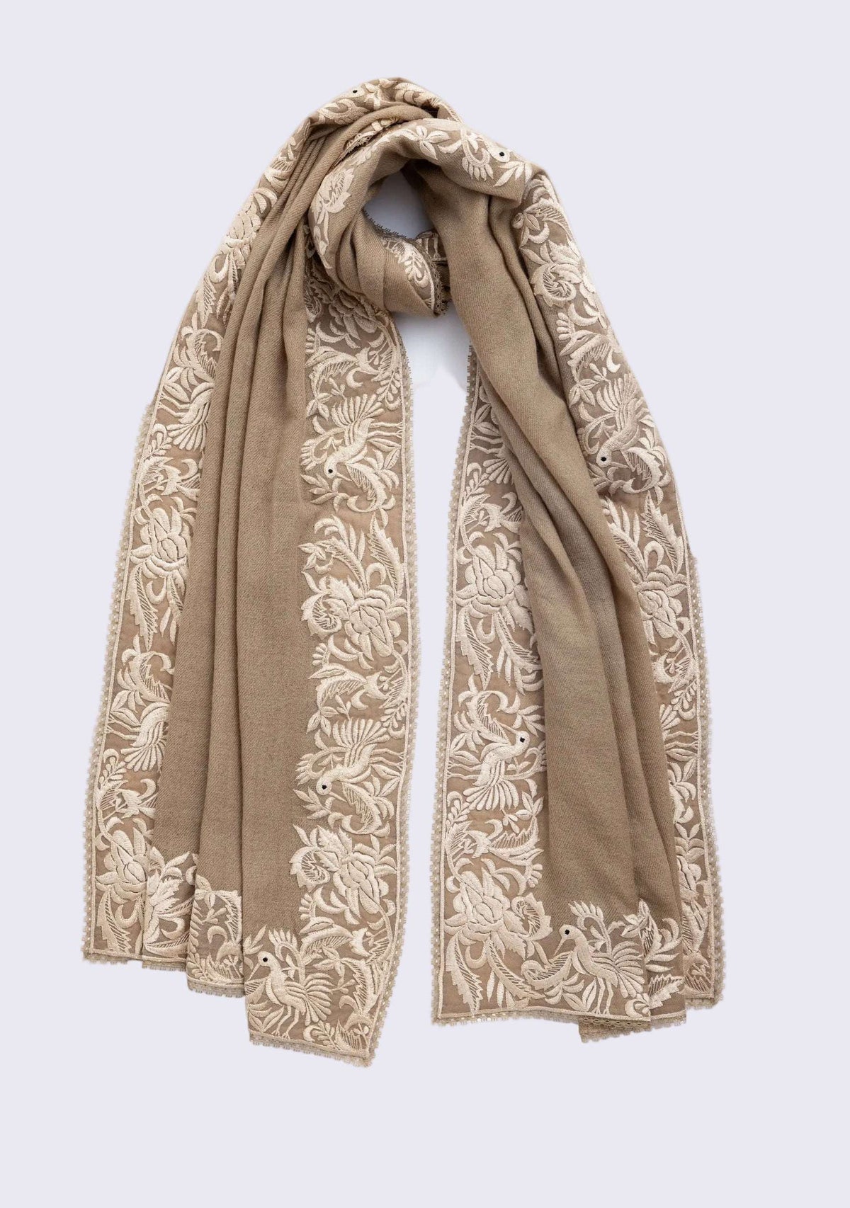 Natural Cashmere Scarf Beige Embroidery & Natural Lace
